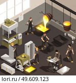 Metalworking manufacturing facility workers isometric composition with pouring molten iron casting forging rolling mill process vector illustration. Metalworking People Isometric Composition. Стоковая иллюстрация, агентство Ingram Publishing / Фотобанк Лори