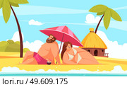 Body positive cartoon background with happy chubby man and woman lying under umbrella on beach vector illustration. Body Positive Background. Стоковая иллюстрация, агентство Ingram Publishing / Фотобанк Лори