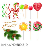 Christmas gifts presents accessories realistic set with serpentine tape fir tree decorations candies caramel lollypops vector illustration. Candies Lollypops Christmas Set. Стоковая иллюстрация, агентство Ingram Publishing / Фотобанк Лори