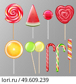 Candies lollypops various tastes shapes flavors realistic set with striped swirl heart cane ball transparent vector illustration. Candies Lollypops Realistic Transparent. Стоковая иллюстрация, агентство Ingram Publishing / Фотобанк Лори
