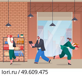 Chaos in office, unorganized office workers in panic, people stressing, solving difficulties, problems, workers and failure deadline, woman with folders running, man with digital tablet, taking box. Chaos in office, unorganized office workers in panic, people stressing, solving difficulties running. Стоковая иллюстрация, агентство Ingram Publishing / Фотобанк Лори