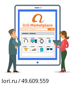 B2b marketplace website at digital tablet. Businessman and woman analysing information. Thoughtful man looking at screen. Woman with tablet in hands making online purchases at site, shopping. B2b marketplace website at digital tablet, businessman and woman looking through choosing products. Стоковая иллюстрация, агентство Ingram Publishing / Фотобанк Лори