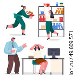 Chaos in office, confused office workers, woman with folders running, serching archive files in box at stand, angry boss chief swear woman worker, failure deadline, unorganized stressing people. Chaos in office, confused office workers, woman with folders running, serching archive files in box. Стоковая иллюстрация, агентство Ingram Publishing / Фотобанк Лори