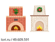 Fireplace with wreath made of mistletoe leaves vector. Isolated icons set, Christmas holiday winter decoration, bricks and stone pavement, burning logs. Fireplace with Wreath Made of Mistletoe Leaves. Стоковая иллюстрация, агентство Ingram Publishing / Фотобанк Лори