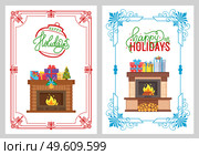 Happy Holidays greeting in frame with fireplace decorated by presents wrapped ribbons, fir-tree and firewoods. Winter paper card with bonfire vector. Happy Holidays Greeting with Fireplace Vector. Стоковая иллюстрация, агентство Ingram Publishing / Фотобанк Лори