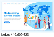Modernizing business process, landing page of website, successful partnership, present financial plan at board, presentation of improvement of business, improve new technology, connecting with world. Modernizing business process, landing page of website, successful partnership, business improve. Стоковая иллюстрация, агентство Ingram Publishing / Фотобанк Лори
