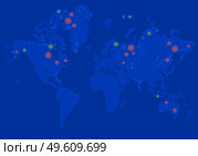 Detailed vector World map of blue colors on dark background. Town marks and national borders are in separate layers. Unfolded planet with colorful marks. Areas marked on the map of the Earth. Detailed vector World map of blue colors on dark background. Unfolded planet with colorful marks. Стоковая иллюстрация, агентство Ingram Publishing / Фотобанк Лори