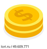 Isometric image of coin stack, gold cents or dollars, money coin, bitcoin. Cartoon money. Buying, selling, building capital. Monetary relationship. E-commerce. Symbolic flat vector image on white. Stack of iron or gold coins, money symbol. Dollars, currency. Flat image isolated on white. Стоковая иллюстрация, агентство Ingram Publishing / Фотобанк Лори