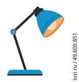 Blue table shade with a yellow incandescent lamp. Light tube with movable stand. Lighting equipment for home or office. Interior lighting. Vision care. Cartoon illustration of flexible desk bulb. Blue table flexible desk lamp with yellow light. Office or home lighting, electricity. Flat image. Стоковая иллюстрация, агентство Ingram Publishing / Фотобанк Лори
