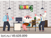 Businessmen experiencing stress at work because of the deadline and office chaos. Annoyed angry male characters screaming, emotionally wave their hands. Woman is upset, holding hands by head. Businessmen experiencing stress at work because of the deadline and office chaos. Annoyed workers. Стоковая иллюстрация, агентство Ingram Publishing / Фотобанк Лори