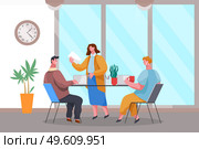 Business meeting and consideration of working issues. Friendly team work. Office workers discussing matters. Business people dressed in formal clothes in modern office interior with laptops talking. Office workers characters discussing matters. Business meeting and consideration of working issues. Стоковая иллюстрация, агентство Ingram Publishing / Фотобанк Лори