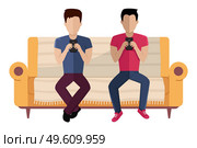 The couple is sitting on the couch. Men are chatting with smartphones in their hands vector illustration. Cartoon characters are resting and spending time together at home. Guys working with phones. The couple is sitting on the couch. Men are chatting with smartphones in hands vector illustration. Стоковая иллюстрация, агентство Ingram Publishing / Фотобанк Лори