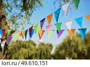 multicolored triangular decoration flags are stretched between trees. Стоковое фото, агентство Ingram Publishing / Фотобанк Лори