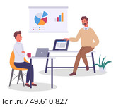 Office workers characters discussing matters, statistics chart. Businessman and colleague sitting at office desk with laptop talking communicating. Business meeting and consideration of working issues. Office workers discussing matters statistics chart. Businessman and colleague sitting at office desk. Стоковая иллюстрация, агентство Ingram Publishing / Фотобанк Лори