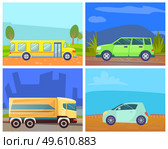 Transport on roads of city vector, schoolbus public service in town, commuting between villages. Lorry delivery of cargo, shipping goods. Minicar ecologically friendly vehicle automobile auto. School Bus and Lorry, Minicar and Green Minivan. Стоковая иллюстрация, агентство Ingram Publishing / Фотобанк Лори