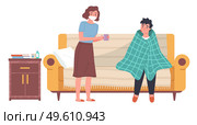 Woman treats a young man. Guy drinks hot tea at home. Sick people on the white background. Male character wrapped in a blanket sitting with a thermometer in his mouth. Patient being treated for flu. Woman treats a young man. Guy drinks hot tea at home. Sick people on the white background. Стоковая иллюстрация, агентство Ingram Publishing / Фотобанк Лори