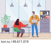 Coworkers work together. Mutually beneficial cooperation. Man in strict suit stands and holds laptop, dark-skinned woman at table with laptop. Office room, bookcase, potted plant, ceiling lighting. Business partners in the office, woman and man use laptops. Boss and subordinate. Flat image. Стоковая иллюстрация, агентство Ingram Publishing / Фотобанк Лори
