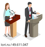 Isometric image of the speakers of woman with report and man with badge standing behind the pulpit and microphones. People make speech in front public. Presenters stand on podium. Public performance. Speakers or presenters on podium. Public presentation or business speech. Conference with reports. Стоковая иллюстрация, агентство Ingram Publishing / Фотобанк Лори
