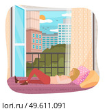Woman lying on the sofa. Happy smile girl relaxing. Relax on couch and dream near an open window. Home leisure. Female character lies on the divan and smiles, dreams, sees a happy dream in livingroom. Woman lying on the sofa. Happy smile girl relaxing. Relax on couch and dream near an open window. Стоковая иллюстрация, агентство Ingram Publishing / Фотобанк Лори