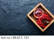 Glass jar with jam and viburnum berries. Berry jam in a jar. Стоковое фото, агентство Ingram Publishing / Фотобанк Лори