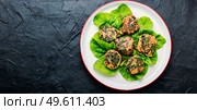 Homemade diet cutlets made from fresh chard.Vegetarian cuisine,vegan fritter on the plate.Copy space. Healthy herb vegetarian cutlets,top view. Стоковое фото, агентство Ingram Publishing / Фотобанк Лори