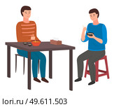 Young men eating rice with chopsticks. Male characters siting on a chair holding plate of rice in his hand and using chopsticks. Asian restaurant visitor dines national japanese food wooden chopsticks. Young men eating rice with chopsticks. Asian restaurant visitors dines national japanese food. Стоковая иллюстрация, агентство Ingram Publishing / Фотобанк Лори