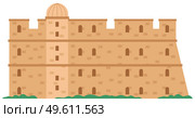 Medieval fortress with towers and walls vector illustration. Old city in greece and castle. Historical building of kings. Protective divine fortress made of stone isolated on white background. Medieval fortress with towers. Old city in greece. Historical building isolated on white background. Стоковая иллюстрация, агентство Ingram Publishing / Фотобанк Лори