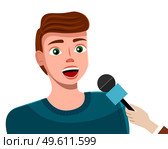 Young man with microphone, news reporter or show host. Cartoon vector character broadcaster dark-haired guy isolated on white background. Person gives interviews to journalists answering questions. Young man with microphone, news reporter or show host. Cartoon vector character broadcaster. Стоковая иллюстрация, агентство Ingram Publishing / Фотобанк Лори