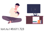 Guy plays video games. Young man gaming with gamepad controller, holding joystick in hands. Flat design vector illustration. Man siting on the floor in front of the monitor and playing a computer game. Guy plays video games. Young man gaming with gamepad controller, holding joystick in hands. Стоковая иллюстрация, агентство Ingram Publishing / Фотобанк Лори