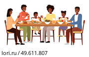 The family dines with healthy natural food. Relatives are communicating at the dinner table. Afro american people having lunch isolated on a white background. Table with fruit, salad and sandwiches. The family dines with healthy natural food. Relatives are communicating at the dinner table. Стоковая иллюстрация, агентство Ingram Publishing / Фотобанк Лори