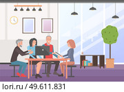 Businesspeople communicating, discuss a project. Happy partners at business meeting, working process. A group of colleagues sitting at a table in office space, talking about conclusion of contract. Businesspeople communicating, discuss a project. Business meeting, working process in office room. Стоковая иллюстрация, агентство Ingram Publishing / Фотобанк Лори