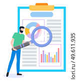Search way to attract customers. Man office worker with magnifier analyzes demand on presentation with charts. Project management and marketing planning strategy flat style. Analytical business report. Search way to attract customers. Project management and marketing planning strategy flat design. Стоковая иллюстрация, агентство Ingram Publishing / Фотобанк Лори