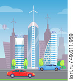 Cars on asphalted road in modern city. Green trees near highway, good weather. Car riding at street. Cityscape with many buildings on background. Vector illustration in flat style. Minivan on City Highway, Cityscape and Trees. Стоковая иллюстрация, агентство Ingram Publishing / Фотобанк Лори