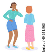 Isometric image of two standing women. Girl back view in long skirt talks to laughing girl in short skirt. Woman laughs and holds hand on her stomach. Females friends chatting. Two women gossiping. Two women communicate or gossip. Friendly girls have funny conversation. Girls jovially chatting. Стоковая иллюстрация, агентство Ingram Publishing / Фотобанк Лори