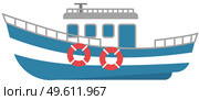 Ship for travel by water. Sea transport isolated on a white background. Boat with anchor and cabin. Lifebuoys to rescue drowning people are on the board. Vehicle for transporting passengers. Ship for travel by water. Sea transport vector illustration isolated on a white background. Стоковая иллюстрация, агентство Ingram Publishing / Фотобанк Лори