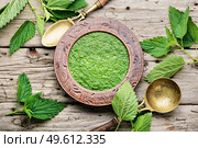 Summer green nettle soup.Fresh nettle.Cream soup on wooden table.Vegetarian food. Rural lunch,fresh nettle soup. Стоковое фото, агентство Ingram Publishing / Фотобанк Лори