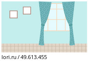 Illustration of living room window with blue curtains and pictures on the wall. Inside view of interior apartment with daylight, curtains hang on a cornice. Bright empty room for design flat vector. Illustration of living room window with blue curtains and pictures on the wall, cozy light interior. Стоковая иллюстрация, агентство Ingram Publishing / Фотобанк Лори