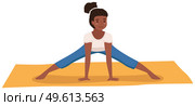 Young dark skinned girl doing stretching warm up exercise. Vector cartoon illustration girl doing fitness, monitors his health isolated on white background. Development flexibility, healthy lifestyle. Young dark skinned girl doing stretching warm up exercise. Development flexibility healthy lifestyle. Стоковая иллюстрация, агентство Ingram Publishing / Фотобанк Лори
