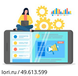 Attract customers, developing social websites, increase popularity of site in internet, social media, developer with laptop, analysing consumer demands, feedback of customers, digital marketing. Attract customers, developer with laptop, analysing consumer demands, feedback of customers. Стоковая иллюстрация, агентство Ingram Publishing / Фотобанк Лори