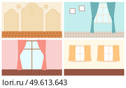 Set of scenes of home interior. Cozy place of the room near window with curtains, paintings and carpet hang on the wall. Living room with a place for family gatherings. Apartment room furniture. Set of eight scenes of home interior. Cozy place of the room near window with curtains empty premise. Стоковая иллюстрация, агентство Ingram Publishing / Фотобанк Лори