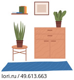 Vector background of living room with commode, coffee table, plants, bookshelf on the wall. Indoor furniture design, modern home interior elements. Contemporary furniture, empty space for design. Vector cartoon background of living room with commode, coffee table, plants, bookshelf on the wall. Стоковая иллюстрация, агентство Ingram Publishing / Фотобанк Лори