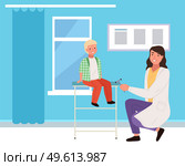 Doctor knocks on the knee with a special hammer to check reflexes. Boy at neurologist s appointment. People together in the pediatrician s office. Kid is visiting doctor during regular medical checkup. Doctor knocks on the knee with special hammer to check reflexes. Boy at a neurologist s appointment. Стоковая иллюстрация, агентство Ingram Publishing / Фотобанк Лори