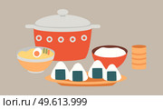 Template for japanese cafe or restaurant. Oriental cuisine dishes flat vector illustration. Demonstration of serving onigiri with nori and rice. Deep bowl of ramen soup isolated on white background. Oriental cuisine dishes vector illustration. Local food emblem. Onigiri and rice on plates. Стоковая иллюстрация, агентство Ingram Publishing / Фотобанк Лори