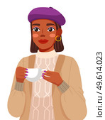Portrait of young black woman wearing lilac beret and sweater. Cute smiling girl holding a cup of tea or coffee in her hands. Pretty positive female character, student or businesswoman, beauty blogger. Portrait of young black woman wearing lilac beret and sweater. Cute girl holding a cup of tea. Стоковая иллюстрация, агентство Ingram Publishing / Фотобанк Лори
