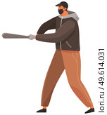 An aggressive man with a baseball bat isolated on white background. Problems of urban security. Crime on the streets. Extortion money bandit. Masked criminal harms, destroys property, angry gangster. An aggressive man with a baseball bat isolated on white background. Problems of urban security. Стоковая иллюстрация, агентство Ingram Publishing / Фотобанк Лори