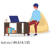Young man in medical face mask sitting at a table in room and correspondence surfing the Internet. Male character communicating through network on the laptop. Freelance, work from home and home office. Man in medical mask sitting at a table in room correspondence surfing the Internet during quarantine. Стоковая иллюстрация, агентство Ingram Publishing / Фотобанк Лори
