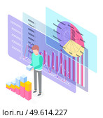 Man is building diagram consisting of vertical color rectangular bar on the background of data visualization and business statistics boards. Digital indicator elements, infographics template. Businessman is building diagram consisting of vertical color rectangular bar, vector illustration. Стоковая иллюстрация, агентство Ingram Publishing / Фотобанк Лори
