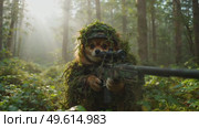A dog is dressed in camouflage and holding a rifle. Стоковое AI-видео, аниматор Виктория Кольцова / Фотобанк Лори