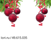 Red christmas balls garland and evergreen fir tree isolated on white background. Red christmas balls. Стоковое фото, агентство Ingram Publishing / Фотобанк Лори