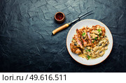 Turkey meat in cheese breading with mushroom sauce.Turkey schnitzel.Space for text. Turkey steak with fried mushrooms,copy space. Стоковое фото, агентство Ingram Publishing / Фотобанк Лори